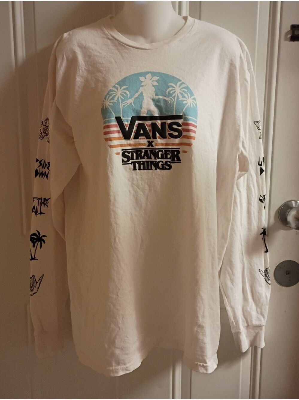 Vans X Stranger Things White Long Sleeve Tee with Blue, Orange and Red Graphic